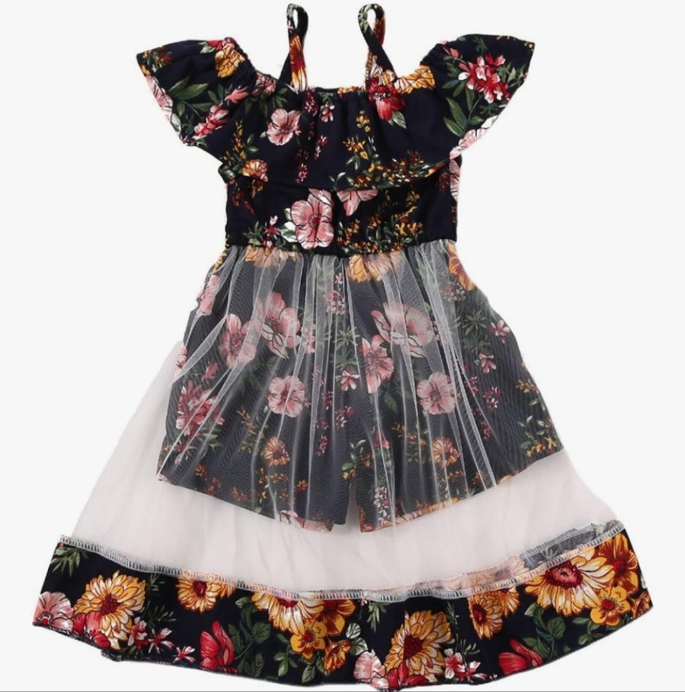 Girls Floral Summer Jumpsuit Dress Mesh Off Shoulder Princess Party Sundress